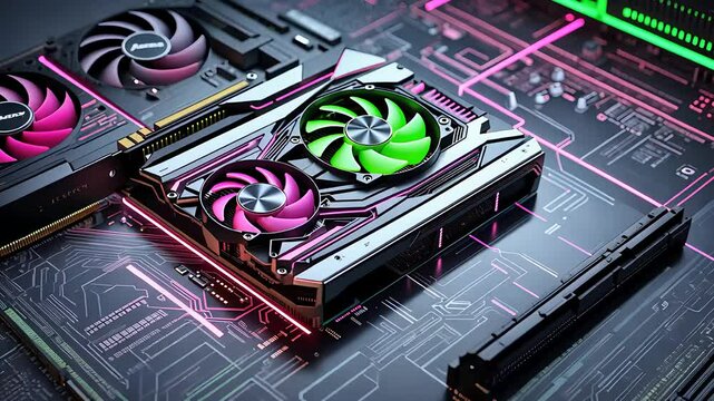 Futuristic Gaming Graphics Card with RGB Cooling Fans Installed on a High-Tech Circuit Board with Neon Accents

