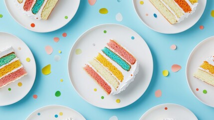 Colorful Rainbow Cake Slices on White Plates for Celebration Themes and Dessert Design, top view, copy space