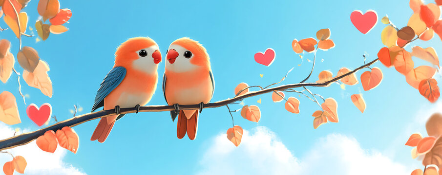 Two colorful birds sitting on a branch under a blue sky with heart-shaped clouds. - Powered by Adobe