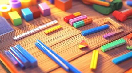 Colorful 3D Supplies on Textured Wooden Table