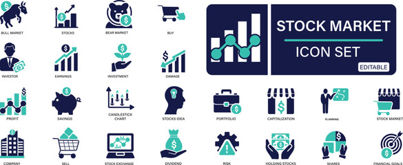 Obraz premium Stock market icon set stocks, stock exchange, financial goal, shares, investment, bull market, bear market You can easily change the color