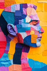 A collage of a woman's face made out of colorful pieces of paper
