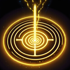 Obraz premium Golden Sword Pierces Glowing Concentric Circles, Mystical Energy Radiates.