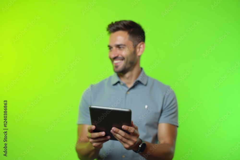 Aufkleber man is smiling while holding tablet computer in his hands