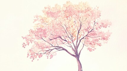 Fototapeta premium Delicate Watercolor Spring Tree; A Gentle Pastel Pink Cherry Blossom Painting