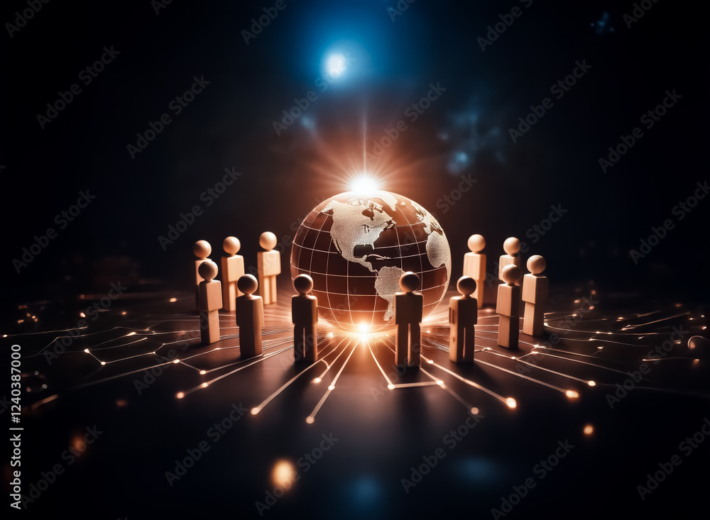 Poster A glowing earth encircled by wooden figures, interconnected by lines of light, symbolizes global connection and networking in a dark, futuristic setting.