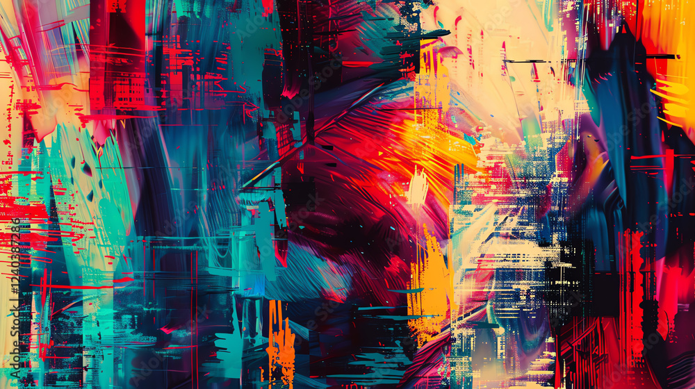 Poster paint a vibrant abstract piece blending birds-eye view landscapes with blockchain elements on a digi