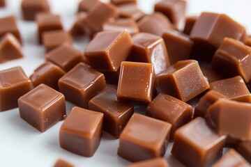 Decadent Caramel Cubes Drenched in Rich Sauce: A Sweet Treat for Your Visuals. Perfect for food blogs, dessert menus, packaging design, and culinary websites. Showcase the irresistible allure of      