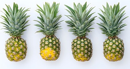 Four ripe pineapples arranged in a neat row