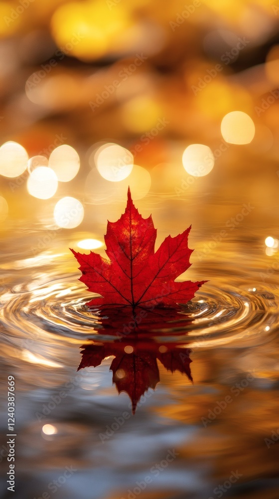 Poster red maple leaf rests on reflective water surrounded by small rain ripples the background features wa