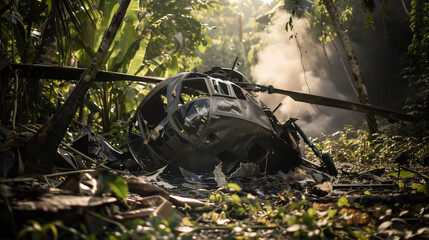 Helicopter Wreckage in Forest with Smoke and Debris, Emphasizing Destruction with Shallow Depth of Field