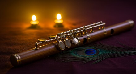 Naklejka premium Flute and Peacock Feather, Artistic Still Life