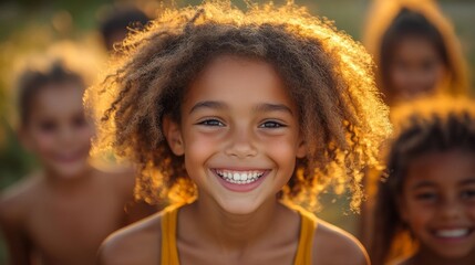 Fototapeta premium Smiling girl with curly hair in a summer setting. Generative AI