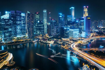 Fototapeta premium Night cityscape, Singapore, harbor, traffic, lights, aerial view, modern architecture, travel