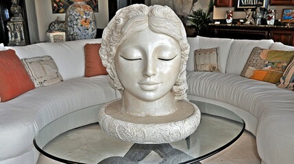 Serene bust sculpture on glass table in luxury home