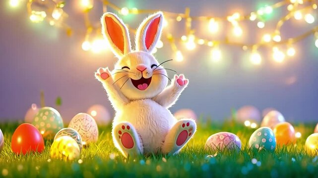 Joyful cartoon bunny celebrating easter with colorful eggs and festive lights. Happy easter