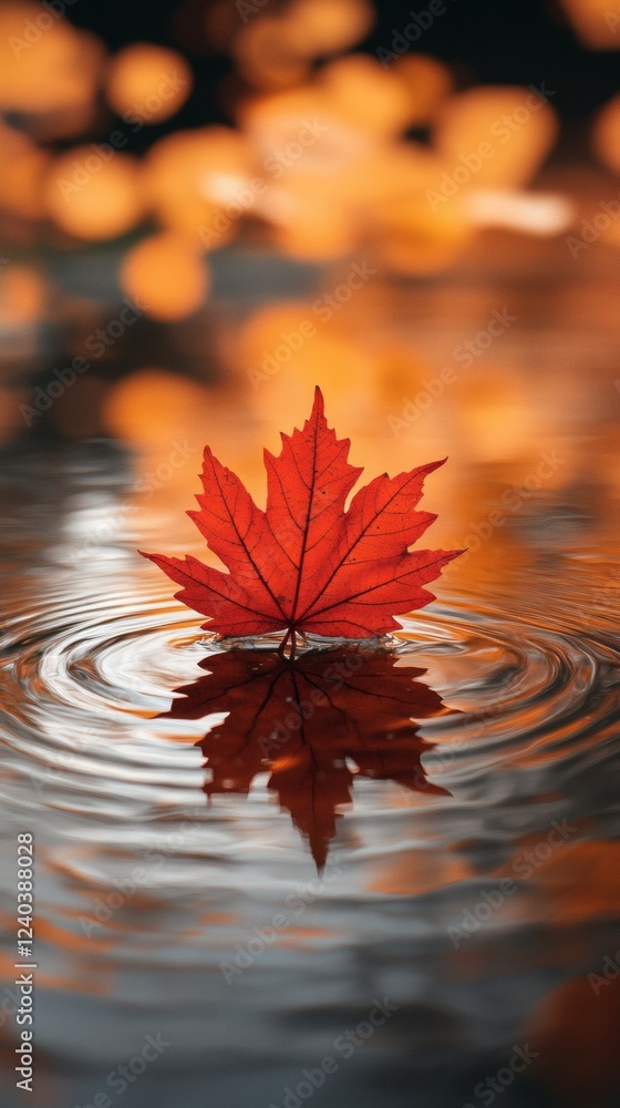 Poster red maple leaf rests on reflective water surrounded by small rain ripples the background features wa