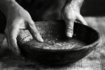 Fototapeta premium Rough hands gently mix a pulpy substance in a rustic wooden bowl.
