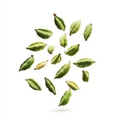 Green Cardamom Pods Falling Spice tea isolated on transparent backggrund