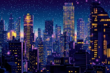 Night city skyline, starry sky, urban landscape, pixel art, game design