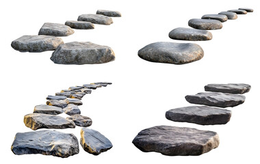 Set collection of rock stone curved stepping step stairs stairway bridge footbridge path pathway on transparent cutout PNG. Many different style. Mockup template for design