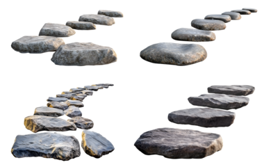 Set collection of rock stone curved stepping step stairs stairway bridge footbridge path pathway on transparent cutout PNG. Many different style. Mockup template for design