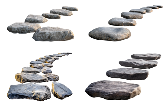 Set collection of rock stone curved stepping step stairs stairway bridge footbridge path pathway on transparent cutout PNG. Many different style. Mockup template for design - Powered by Adobe