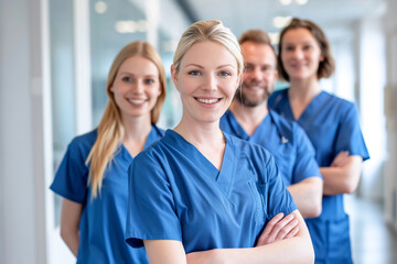 A group of confident doctors and nurses in a clinic, highlighting teamwork and professional care.