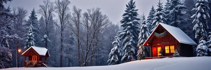 Vintage winter scene with snow-covered trees and cozy cabin, winter, Christmas, snowy