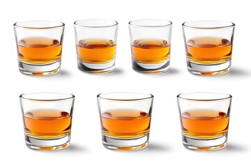 Whiskey Tasting: An Array of Shot Glasses Showcasing the Diverse World of Whiskey. Each glass presents a unique amber hue, reflecting the rich complexity and nuanced flavors within. Perfect for blogs,