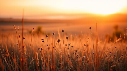 Warm golden hour light gently kisses a tranquil autumn meadow, casting a soft glow on dry wildflowers and grasses, creating a serene countryside scene, landscape, fall, countryside
