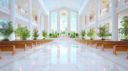 Tranquil church interior, sunlight, plants, peaceful; religious ceremony backdrop