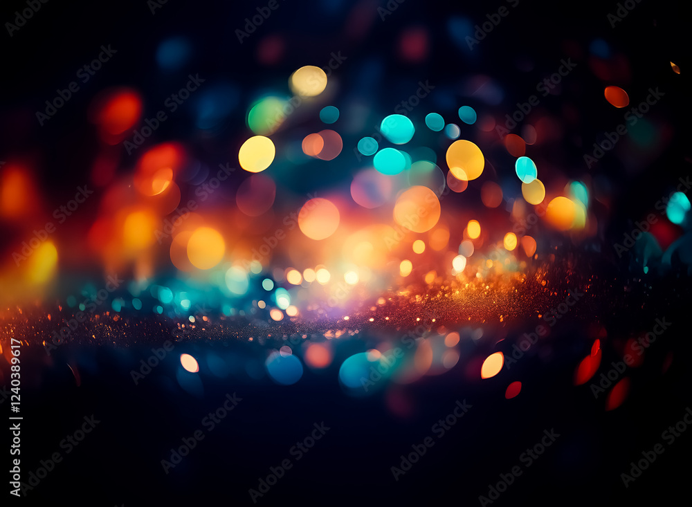 Poster vibrant, colorful bokeh lights illuminate a dark background, creating a magical, glittering effect. 
