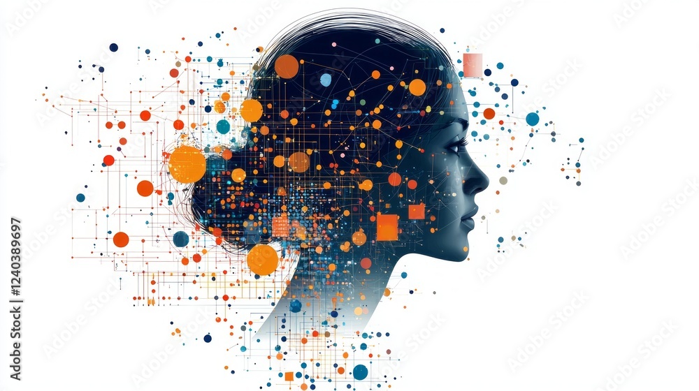 Poster a striking silhouette of a woman blends seamlessly with colorful digital patterns and shapes, repres