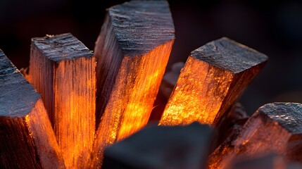 Fototapeta premium Glowing Embers Close Up, Intense Firewood Texture