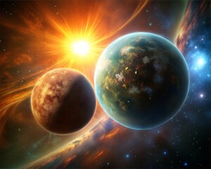 Obraz premium Planet in space sunset sky view.