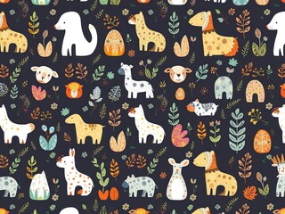 Watercolor illustration set of nursery elements featuring cute animals, toys, and plants, pattern, baby, artistic