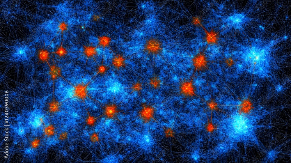 Poster abstract neural network ai art, blue and orange nodes connected by lines