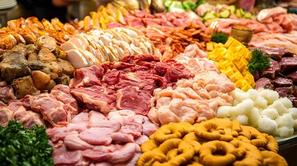 Obraz premium Assorted Raw Meats and Vegetables Buffet Display