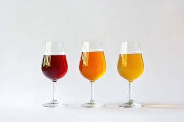 A Frothy Collection: Diverse Beer Styles in Crystal Glasses. A vibrant array showcasing the rich colors and textures of various craft beers, perfectly isolated against a pure white background. Ideal  