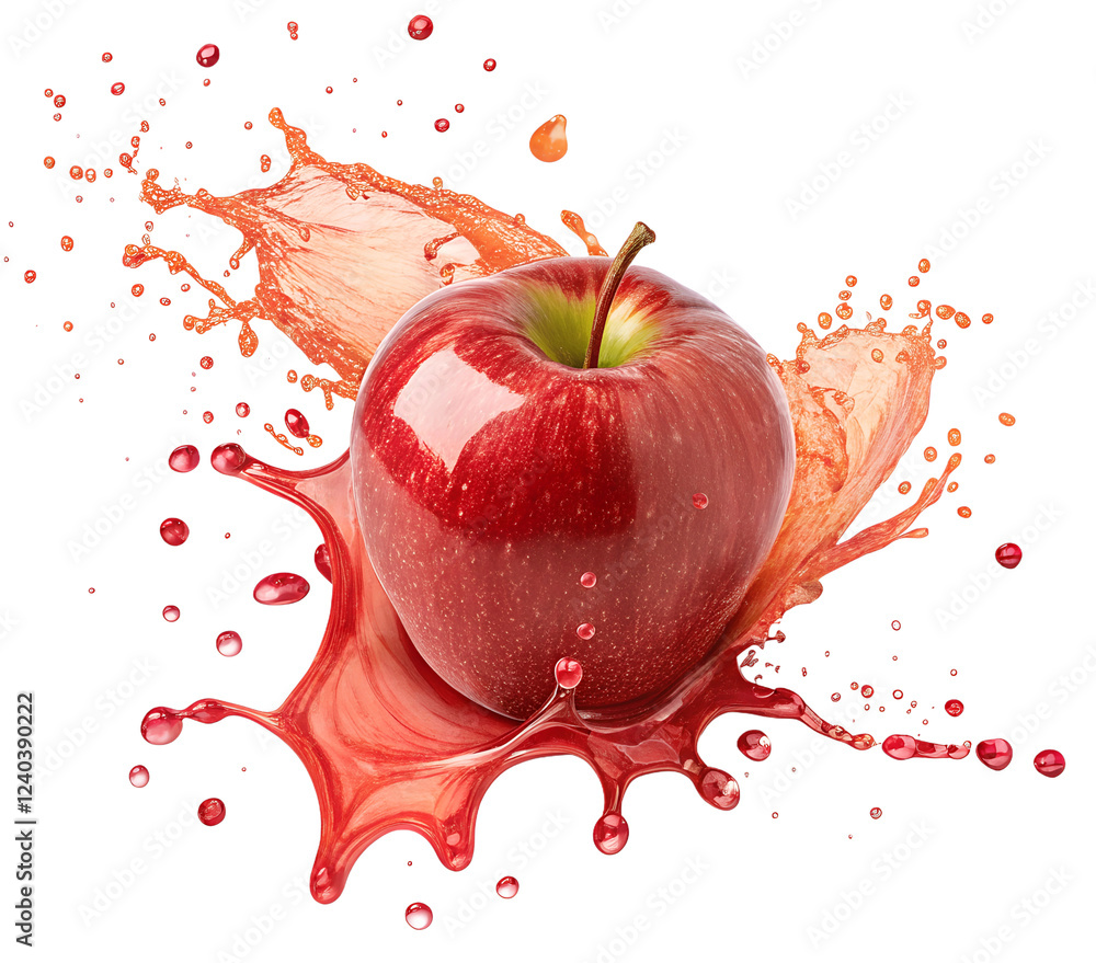 Poster fresh red apple and juice splashing isolated on transparent background png image