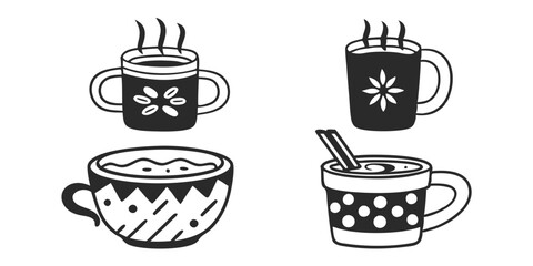 Digital illustration of a cartoon mug with handdrawn Scandinavian-style doodled tea and coffee cups, ideal for hot aroma beverages in restaurants or homes, paired with cooking dishes.