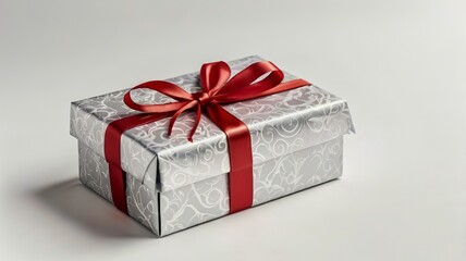 Silver Gift Box with Red Ribbon on White Background