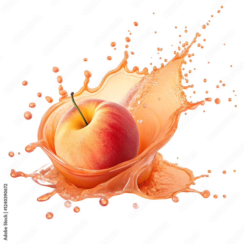 Poster splash of peaches juice in motion and juice splashing isolated on transparent background png image