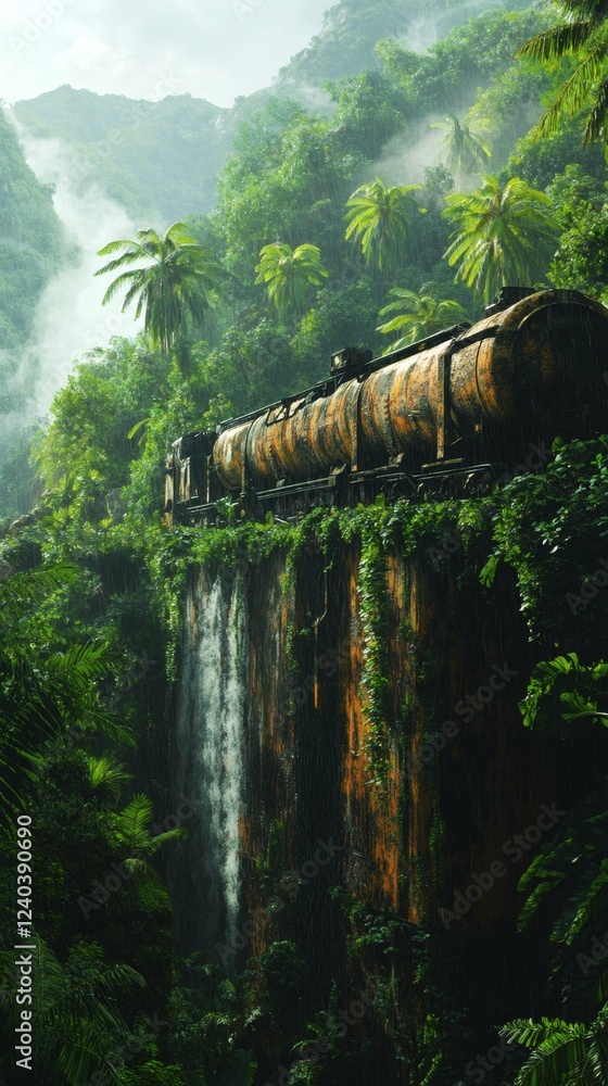 Poster rusty abandoned tanker on a lush mountain cliff covered in vines and moss mist surrounding tall bana
