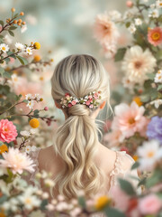 Naklejka premium Hairstyle adorned with colorful spring flowers in a dreamy garden setting
