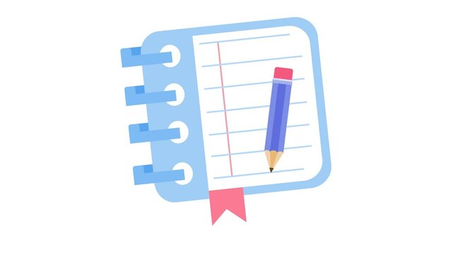 Notepad and pencil icon animation. Writing notes symbol. Back to school stationery in flat design cartoon style. Alpha channel. Seamless looping. Suitable for social media content and digital planning