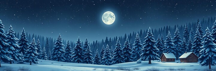 Naklejka premium Winter night landscape with a house nestled in a snowy forest, nature, pine trees, vector