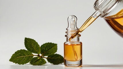Amber Essential Oil Dropper Bottle with Fresh Mint Leaves on White Background