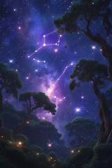a vibrant constellation sprawled across the starry night sky above a lush, dense forest, created by generative ai